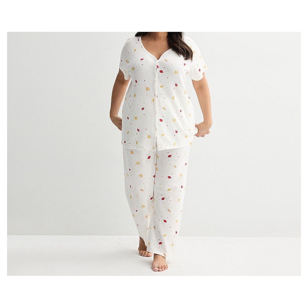 Croft &‎ Barrow Pajama Set Women 1X White Autumn Leaves Loungewear Sleep NEW
